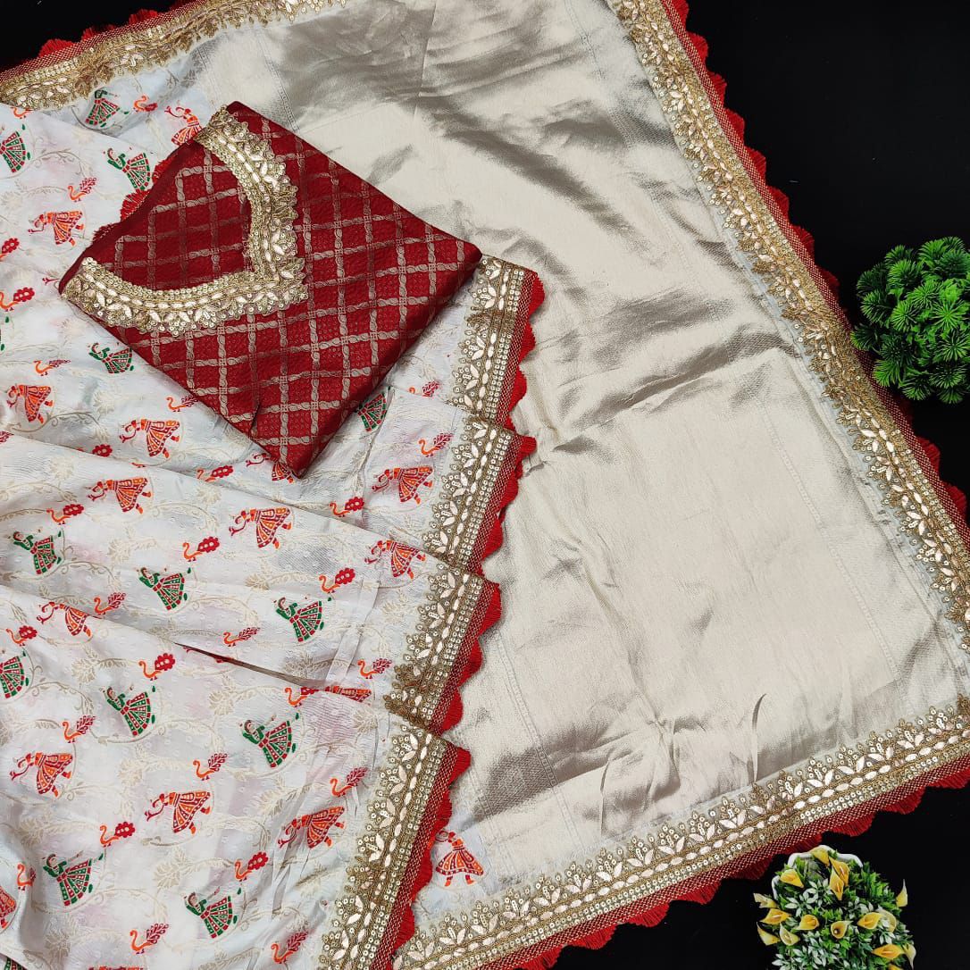 Beautiful Banarasi Tissue With Embroidery With Border Work Blouse Party Wear saree Wedding Wear Saree Designer Saree