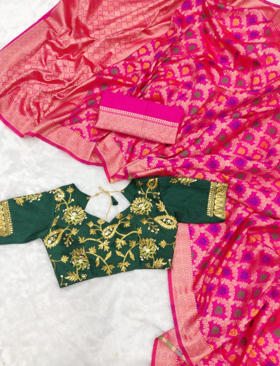 Beautiful Banarasi Tissue With Embroidery With Border Work Blouse Party Wear saree