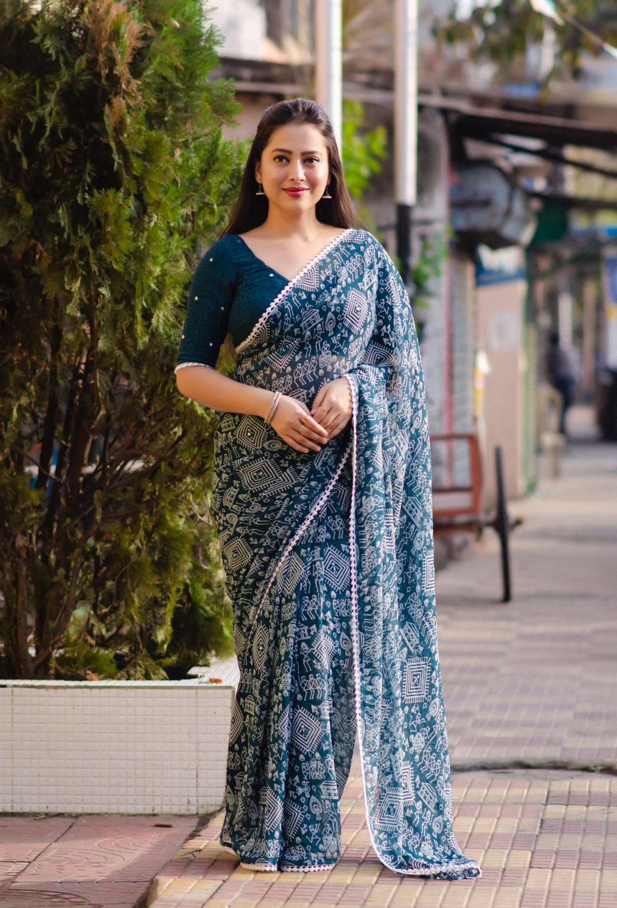 Linen Cotton Hand Block Printed Saree with Silver Border – RKG SHOPPING