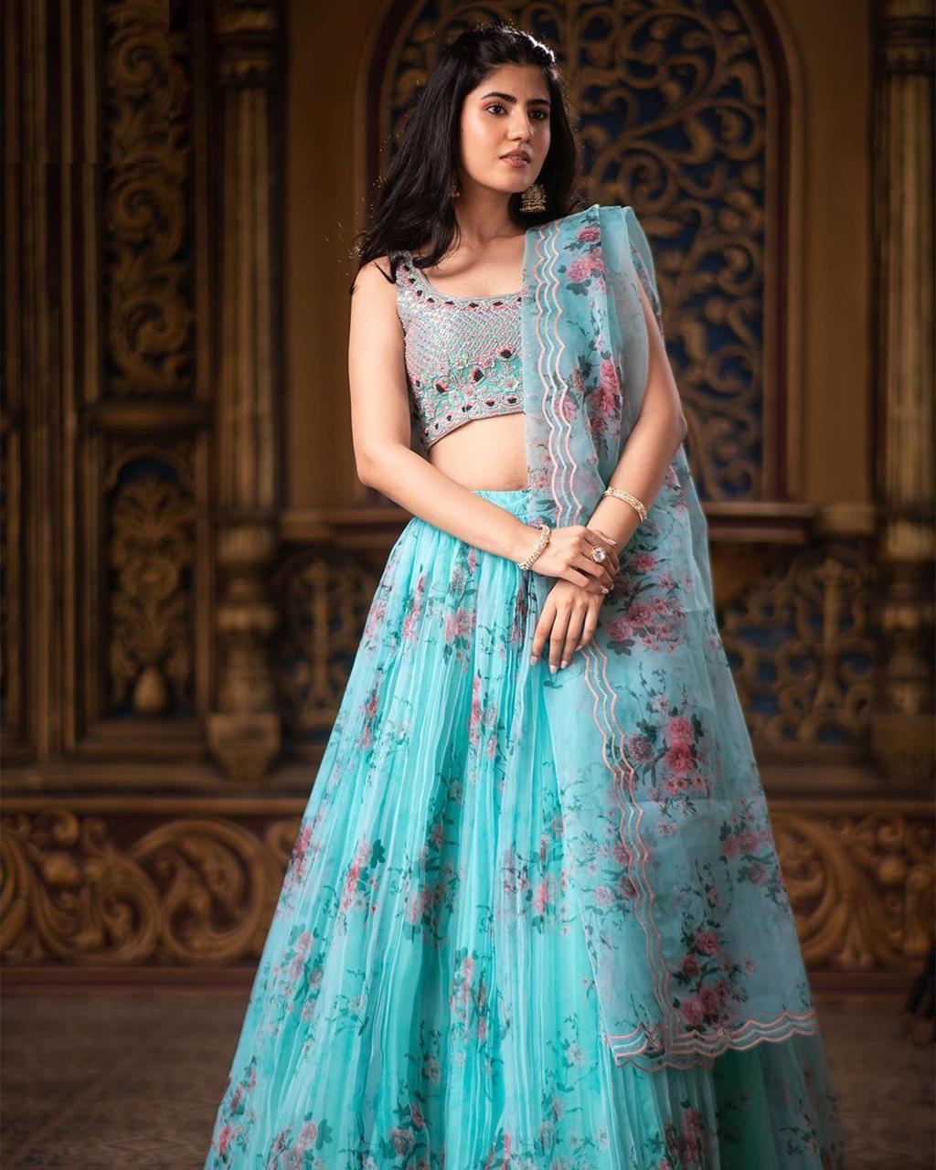 Designer Fancy Look Printed And Blooming Organza Lehenga Choli