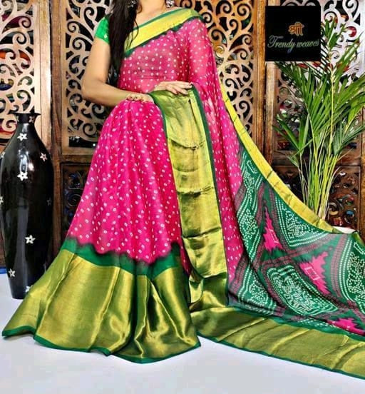 Pooja Half Bandhni fully Gota Worked Border Moss Chiffon Saree Multi Color  DN 2011