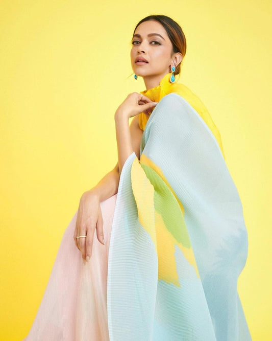 Deepika Padukon Yellow Designer Saree | Sabyasachi Georgette Print Sari