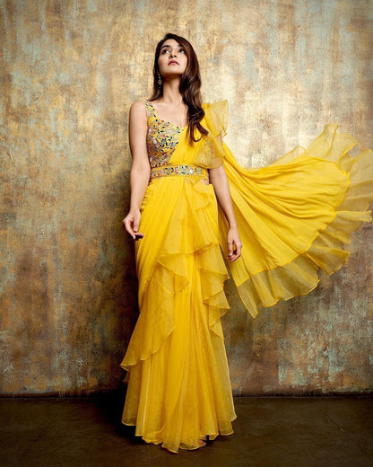Organza Silk saree Ready To Wear Party Wear Lehenga Saree With Full-Stitched Blouse With Embroidery Work