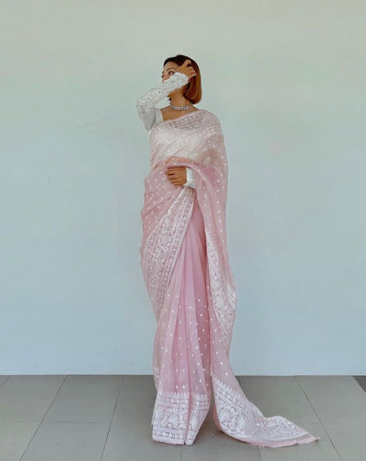 Beautiful Fancy  Stylist Organza silk   Fabric Embroidery Saree