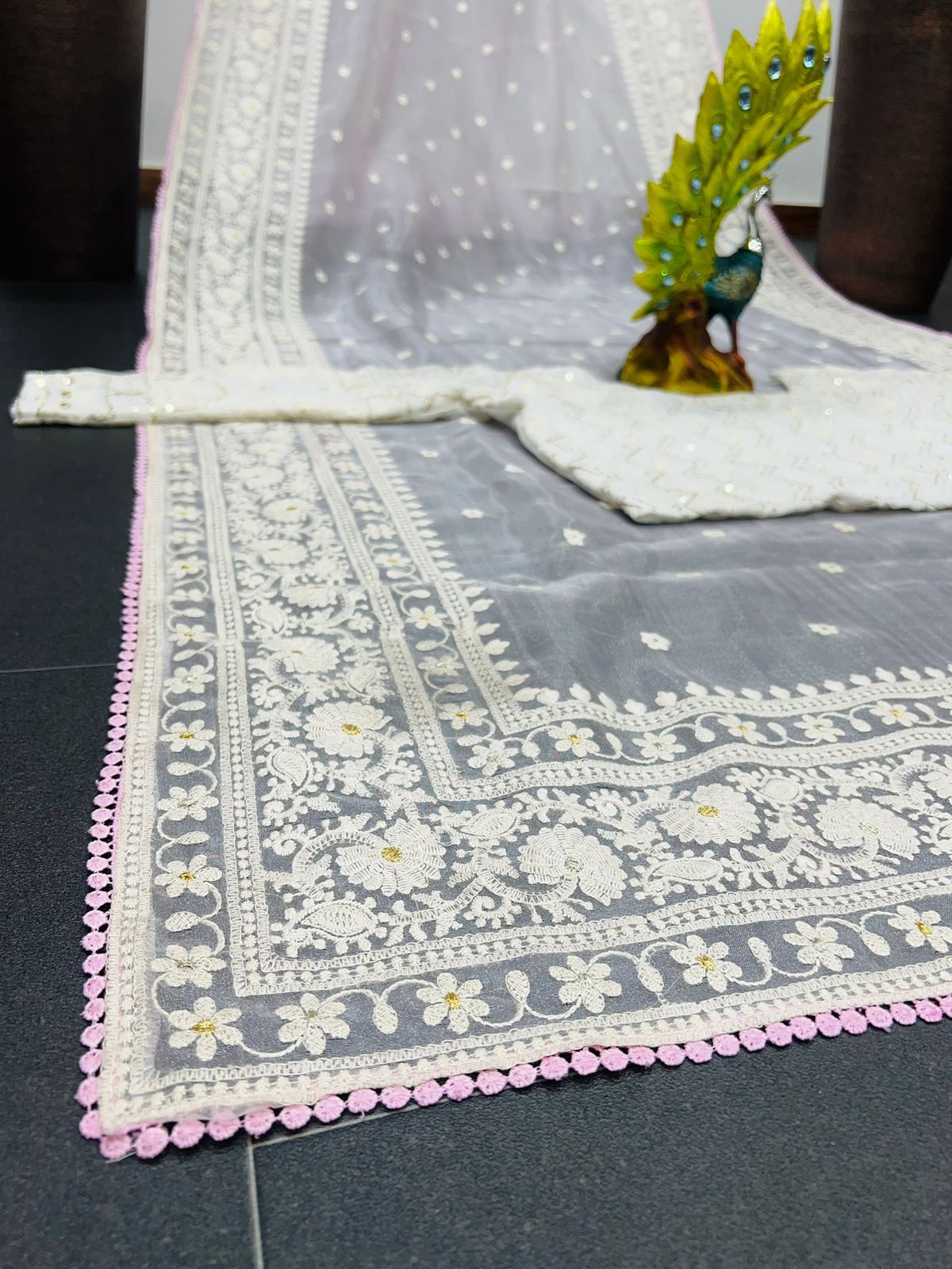 Beautiful Fancy  Stylist Organza silk   Fabric Embroidery Saree