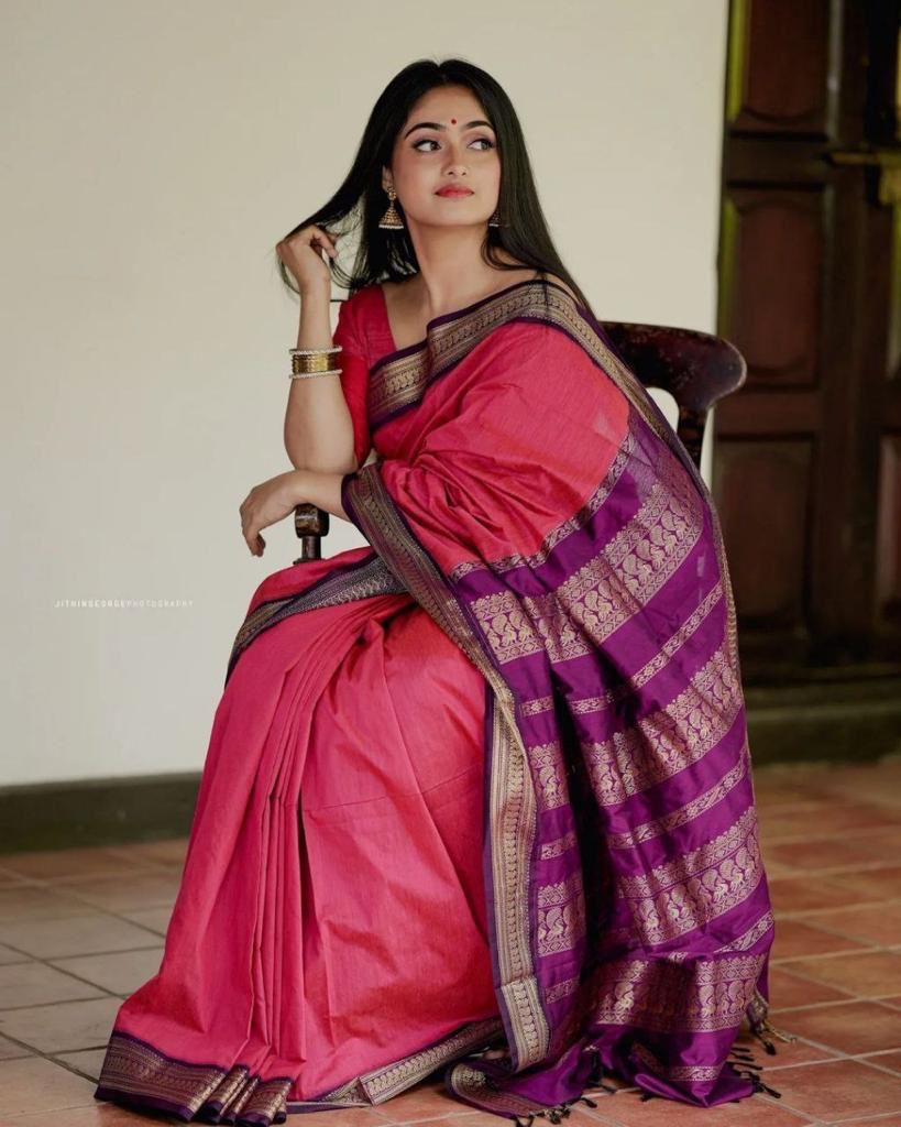 Buy Pink color lichi silk woven traditional saree at fealdeal.com