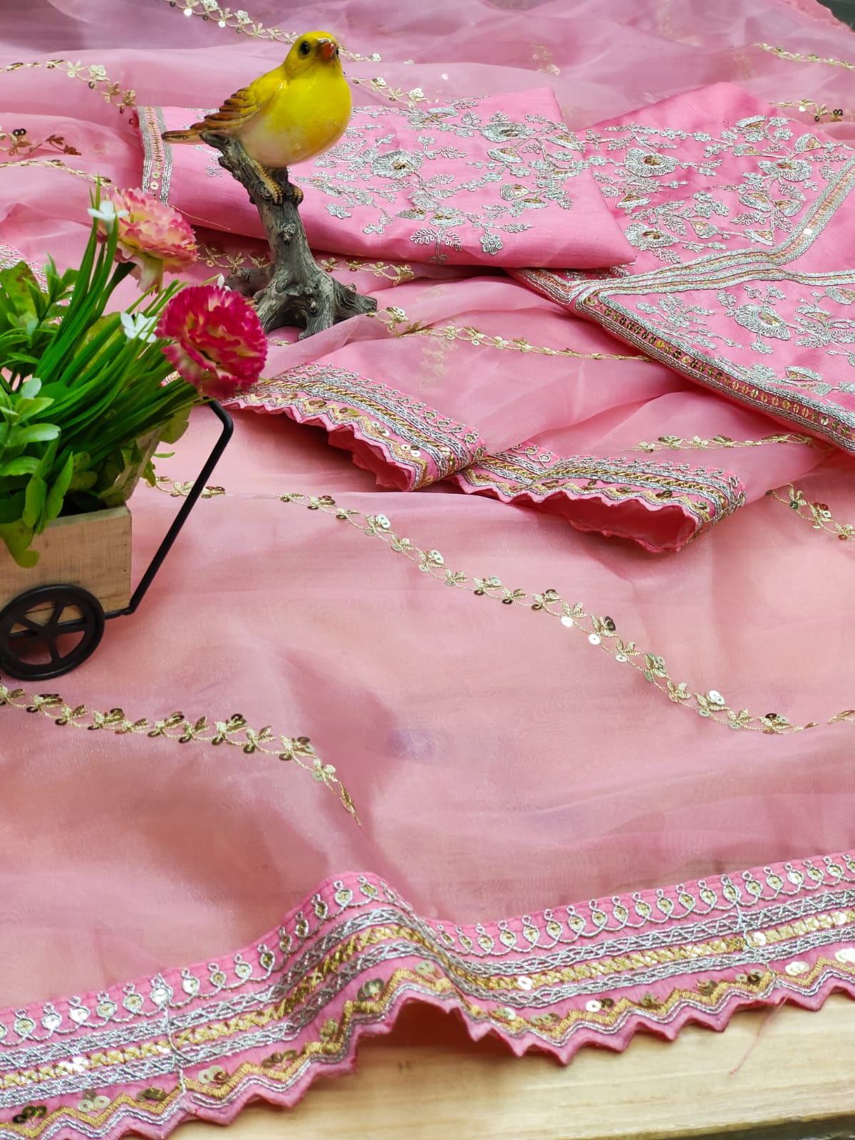 Organza Embroidered Party-Wear Sequins-Work Saree