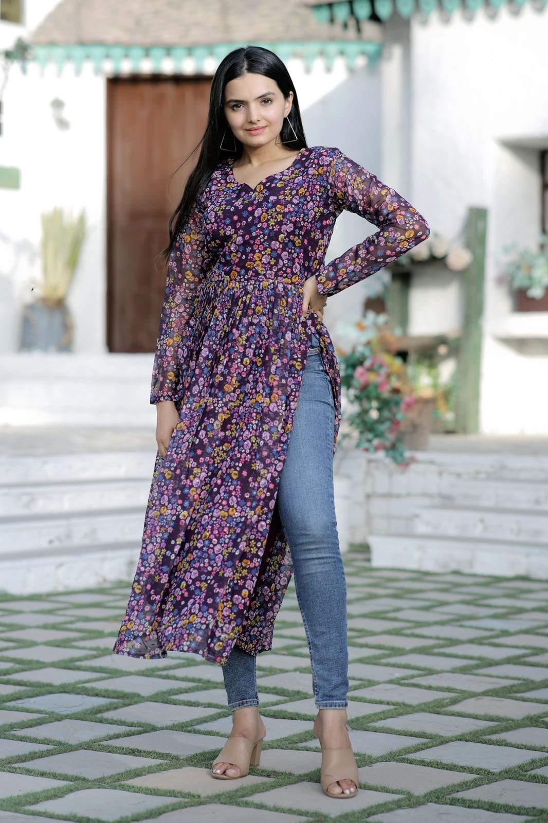 Long Slit Dress with Tie and Floral Pattern