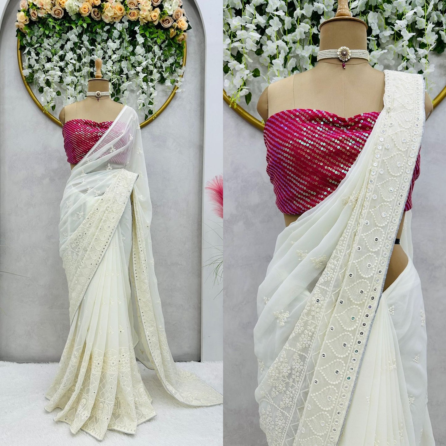 Georgette Saree With Thread Embroidery In Off White For Party