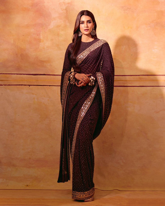 Chocolate Brown embroidered saree