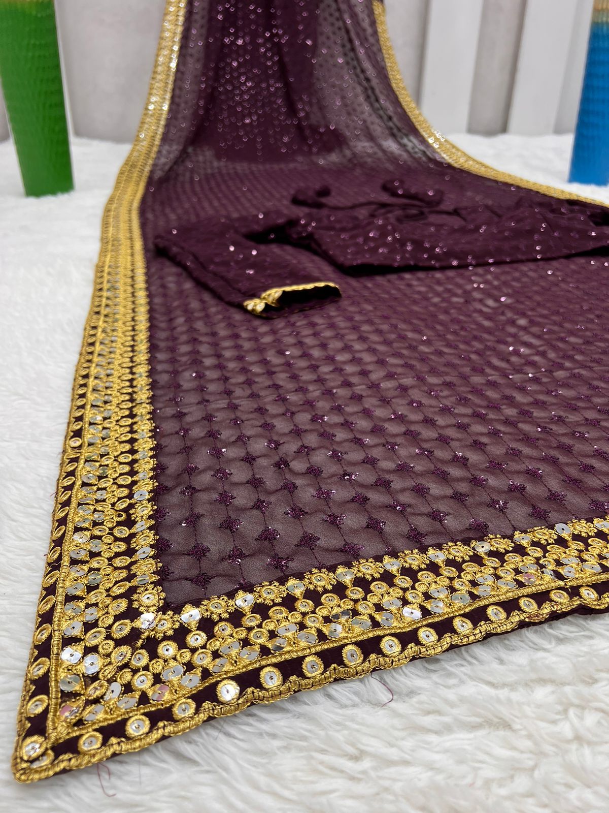 Chocolate Brown embroidered saree