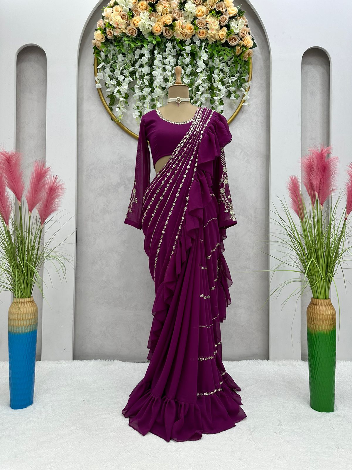 Mauve Ruffle Saree Set