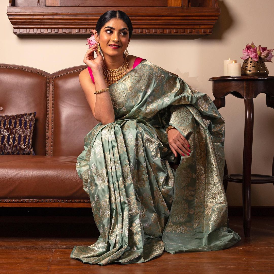 Sage Green Zari woven Banarasi Silk Saree