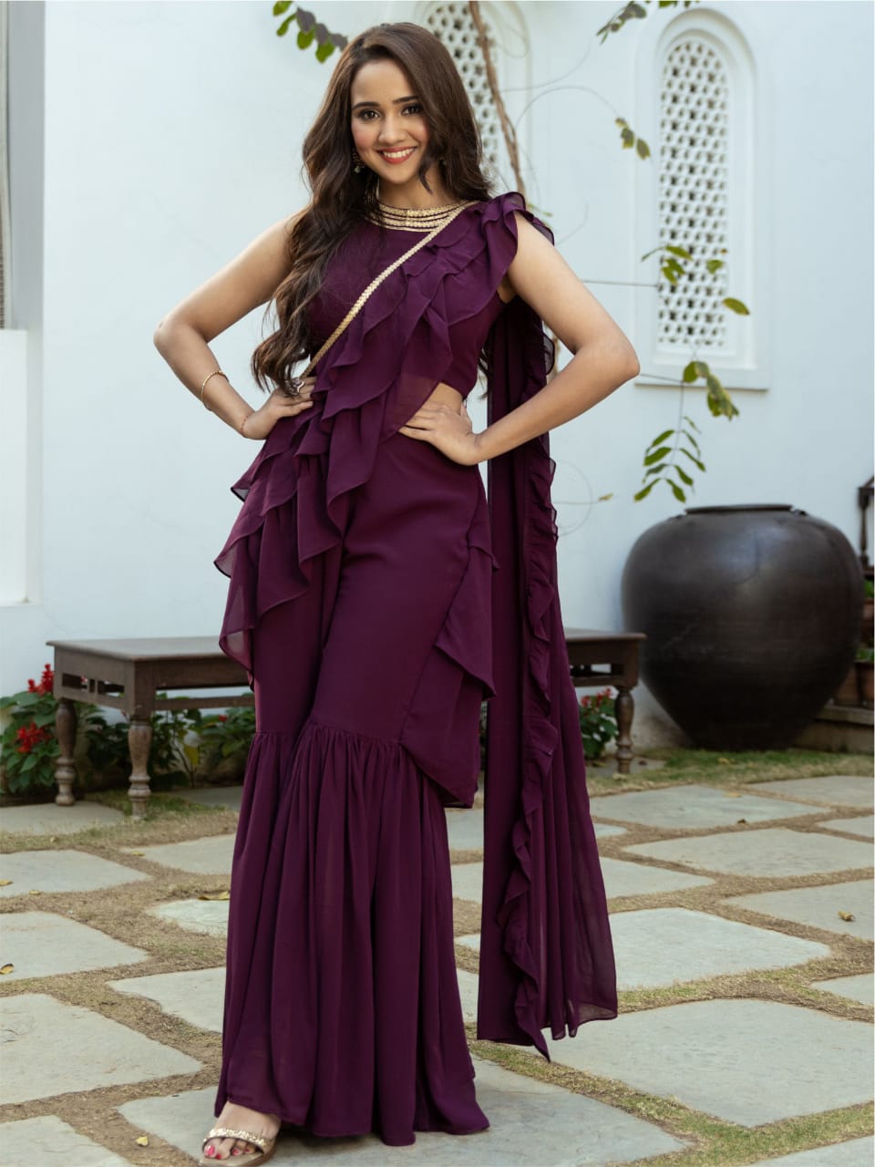 Purple Georgette Sharara Saree with Stitched Blouse