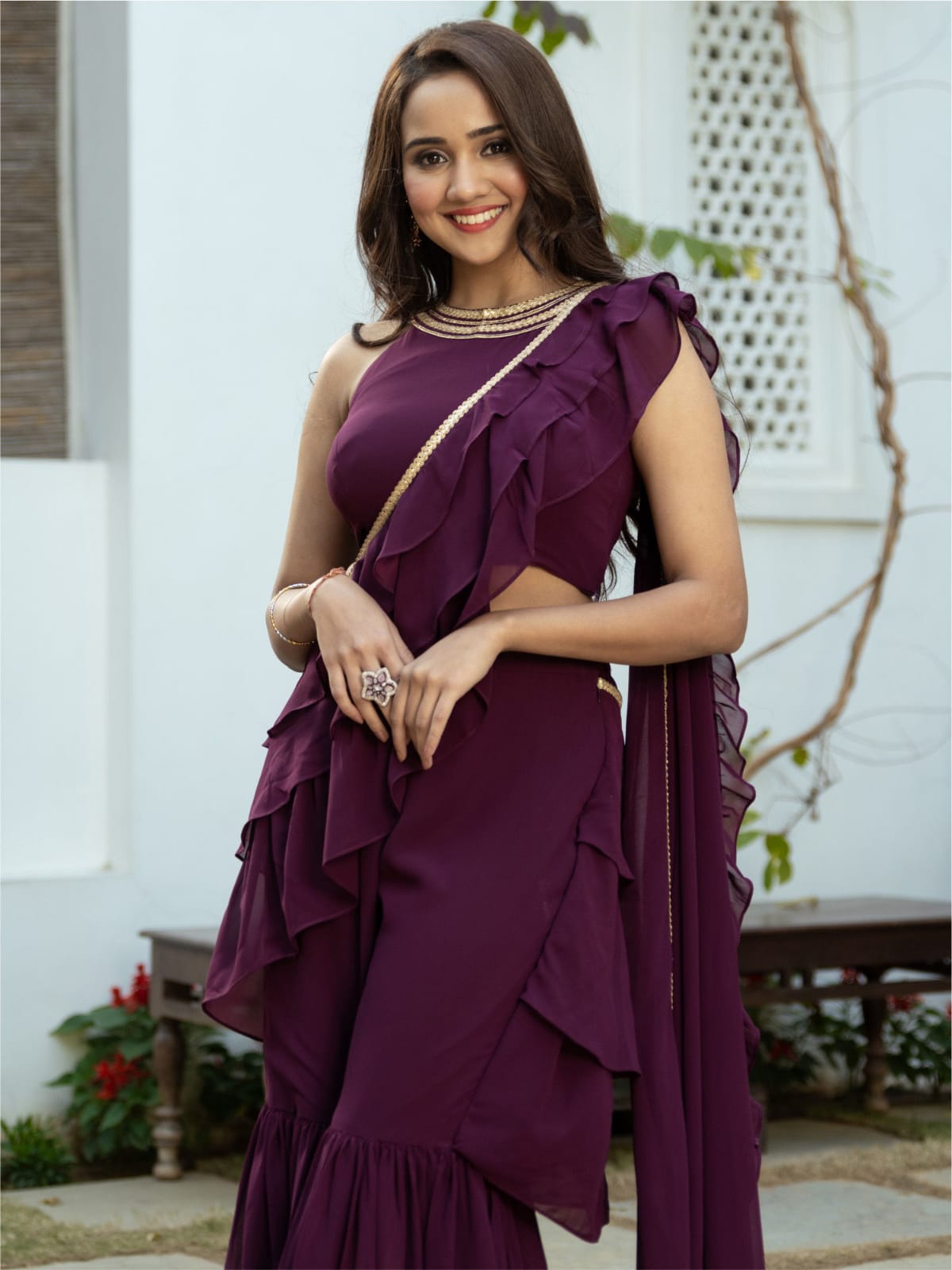 Purple Georgette Sharara Saree with Stitched Blouse