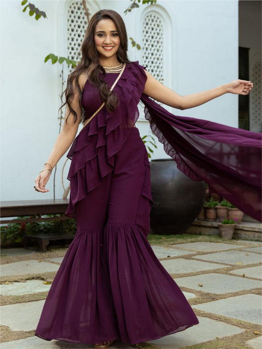 Purple Georgette Sharara Saree with Stitched Blouse