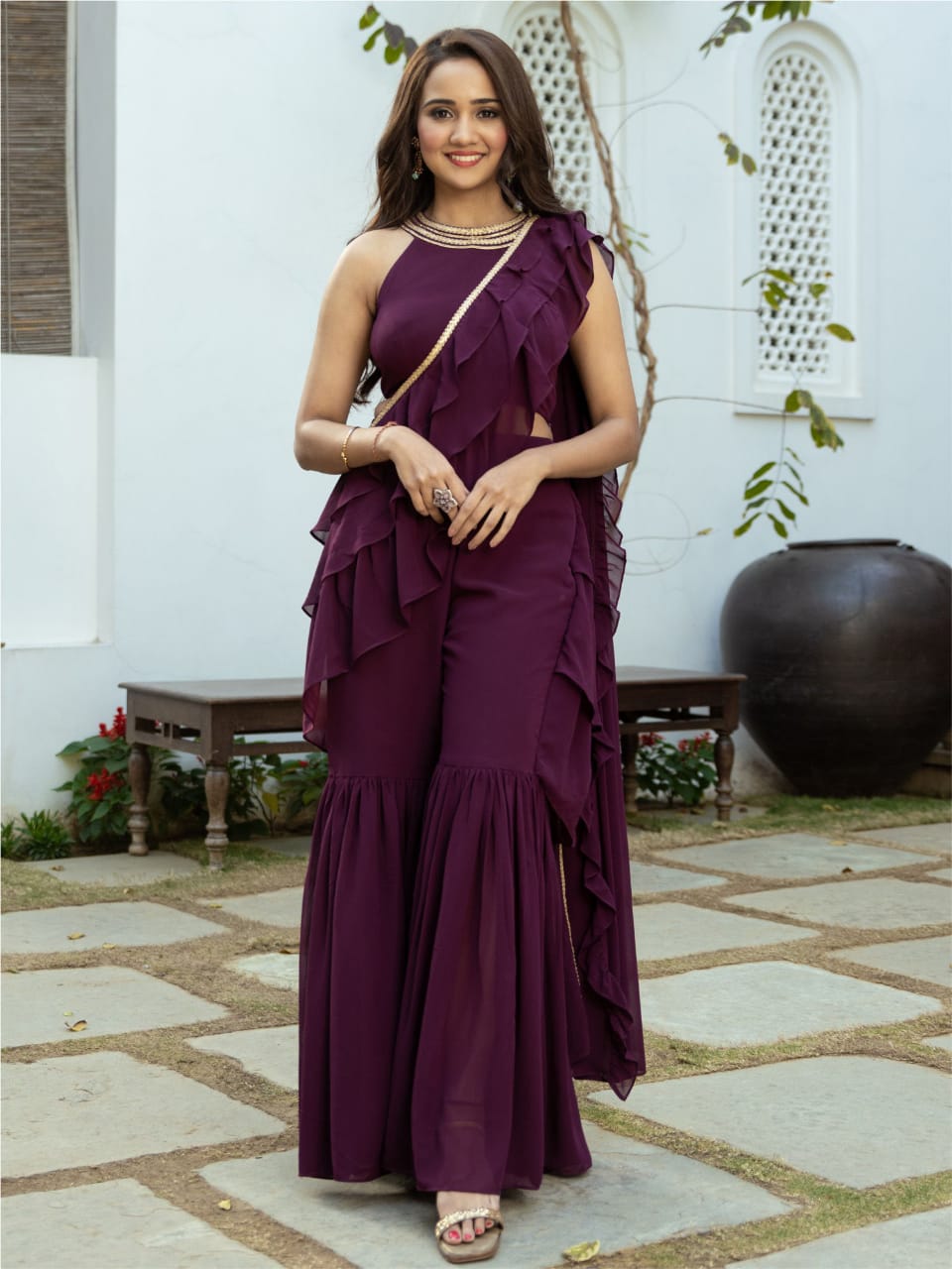 Purple Georgette Sharara Saree with Stitched Blouse