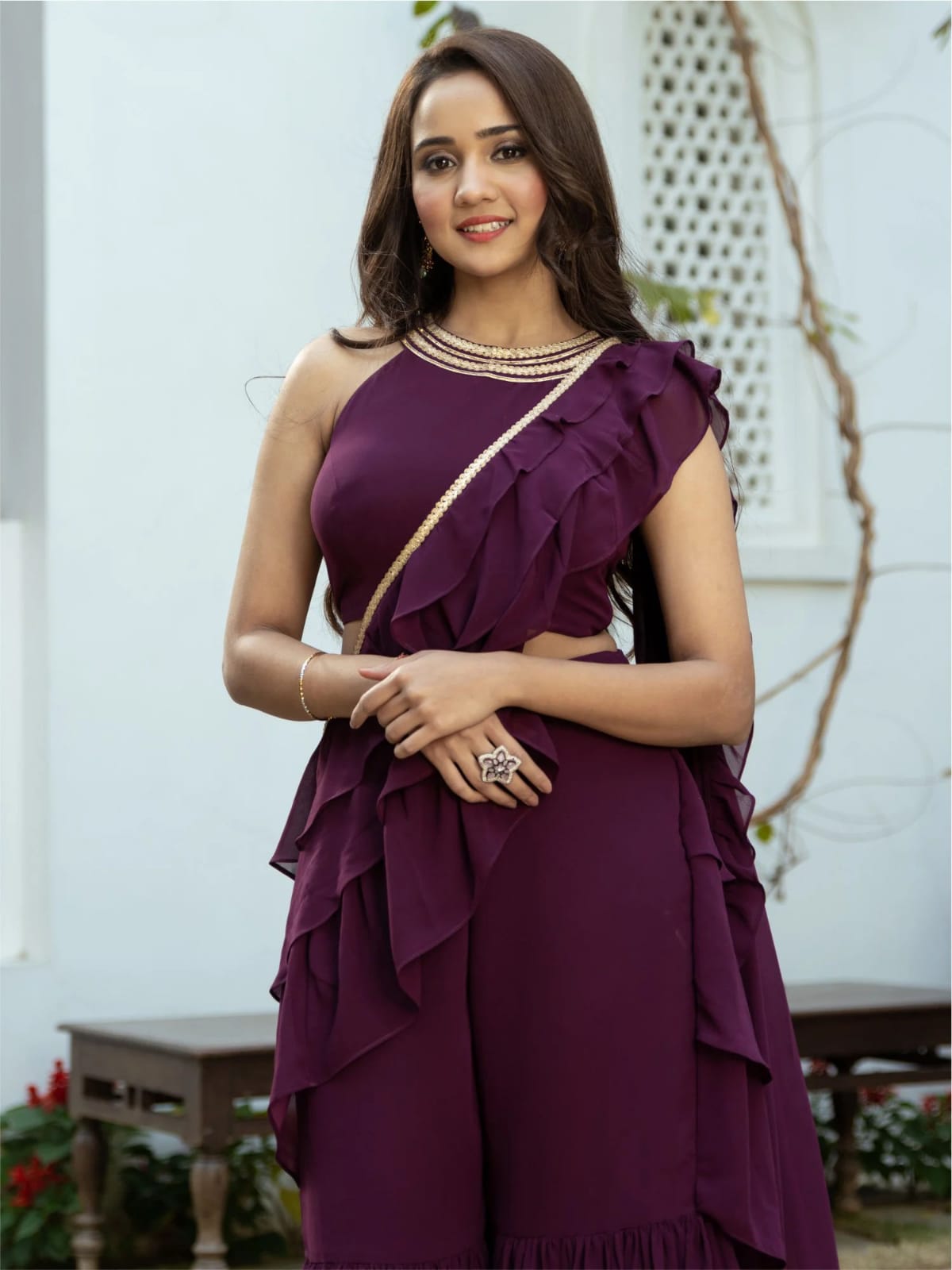 Purple Georgette Sharara Saree with Stitched Blouse