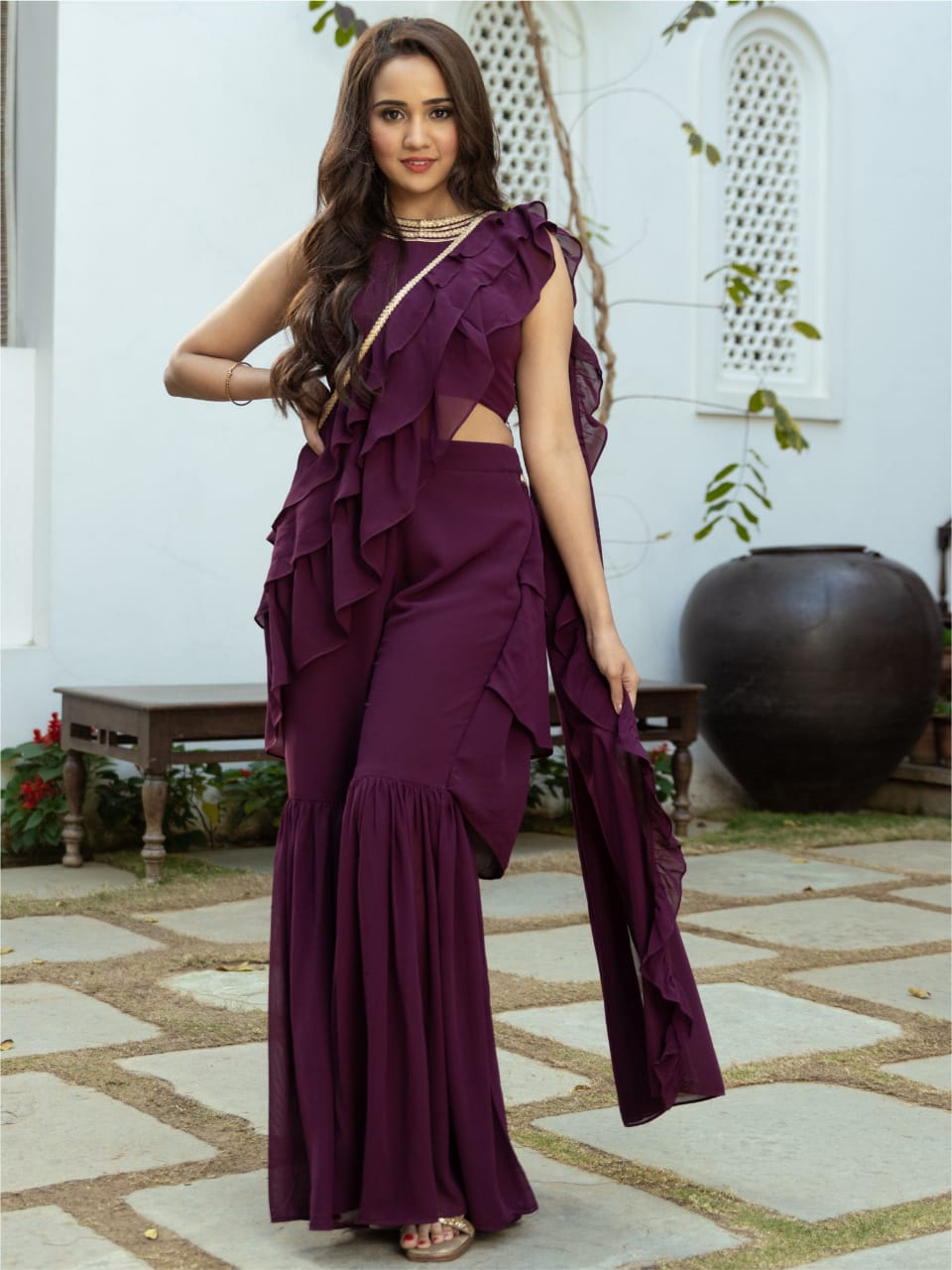 Purple Georgette Sharara Saree with Stitched Blouse