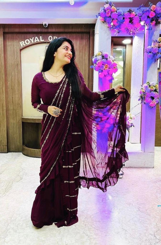 Purple Crepe Pre-draped Velvet Ruffle Saree