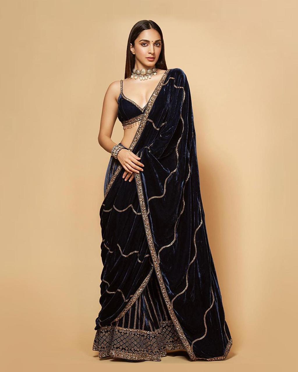 Peacock Blue Silk Velvet Leheriya Drape Sharara Set