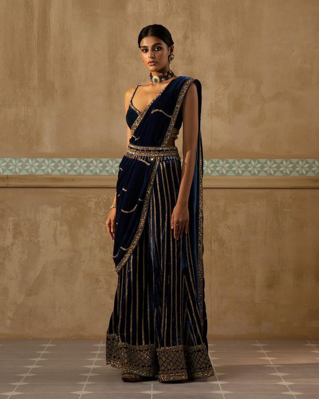 Peacock Blue Silk Velvet Leheriya Drape Sharara Set