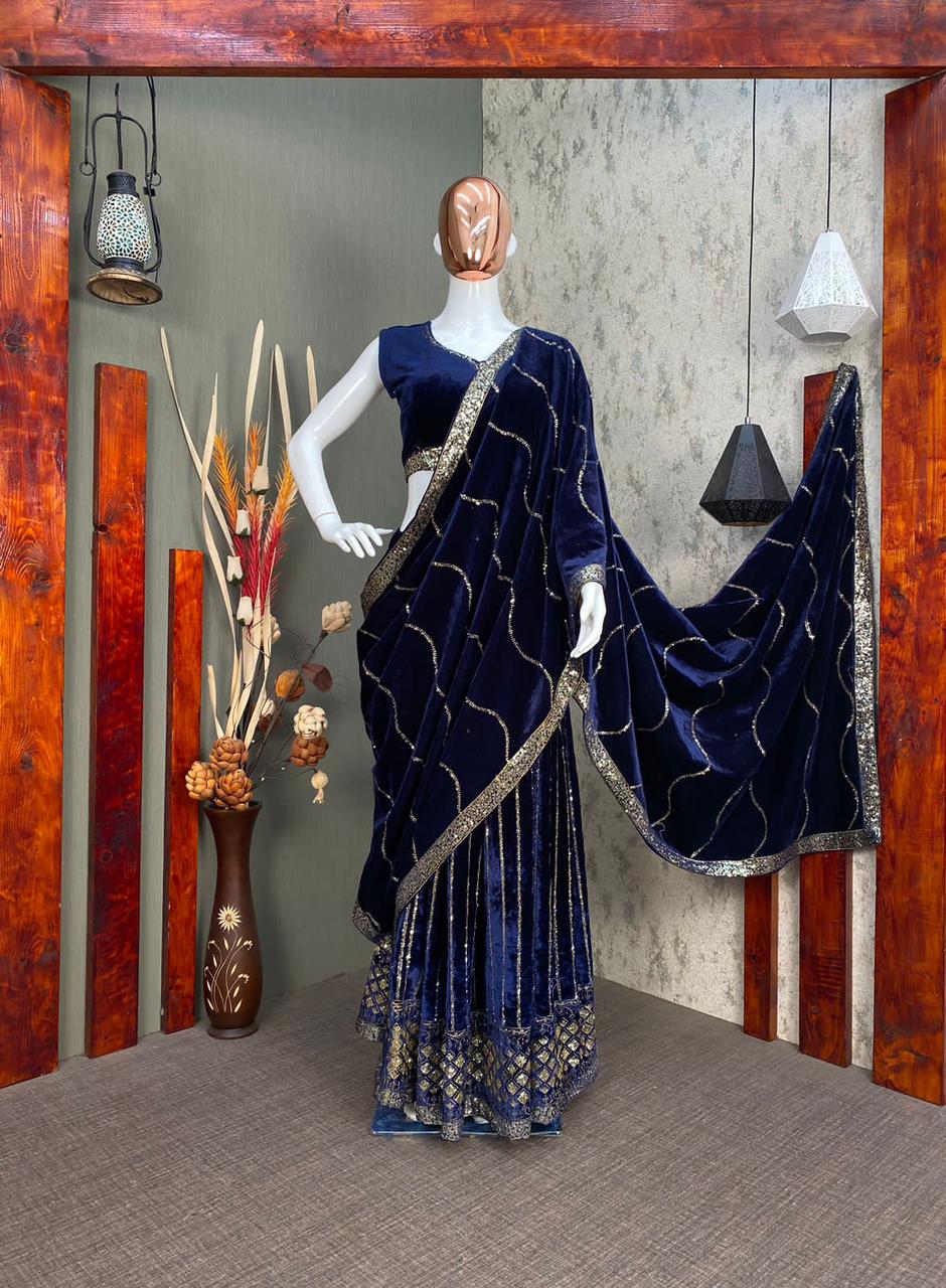 Peacock Blue Silk Velvet Leheriya Drape Sharara Set