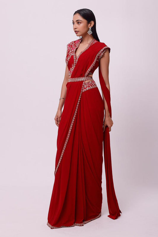 Maroon Georgette Floral Embroidered Blouse And Pre-draped Saree Set