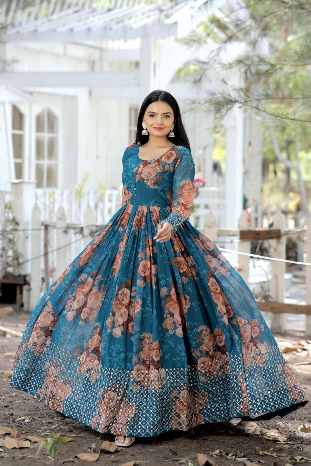 Georgette Reception Gown in Blue with Floral work