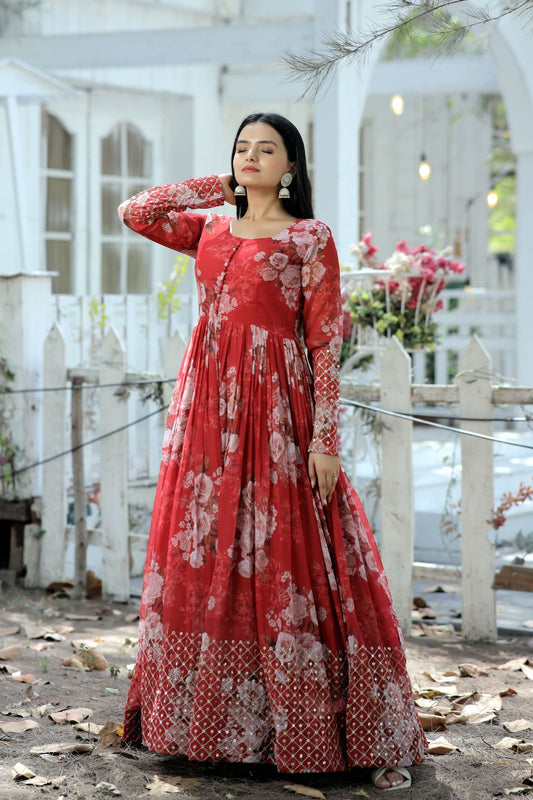 Digital Printed Red Color Glorious Readymade Gown