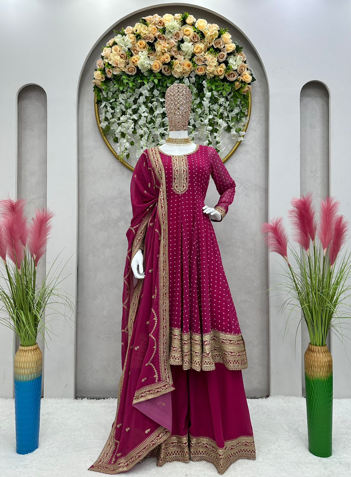 Hot Pink Embroidered Designer Sharara Suit