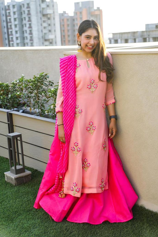 Pink Handwork Kurta and Skirt with Leheriya Dupatta