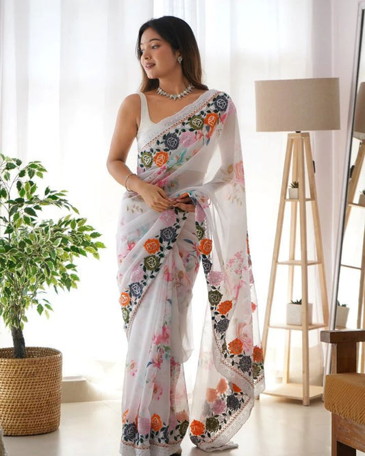 Printed Georgette Saree Floral Having Embroidery