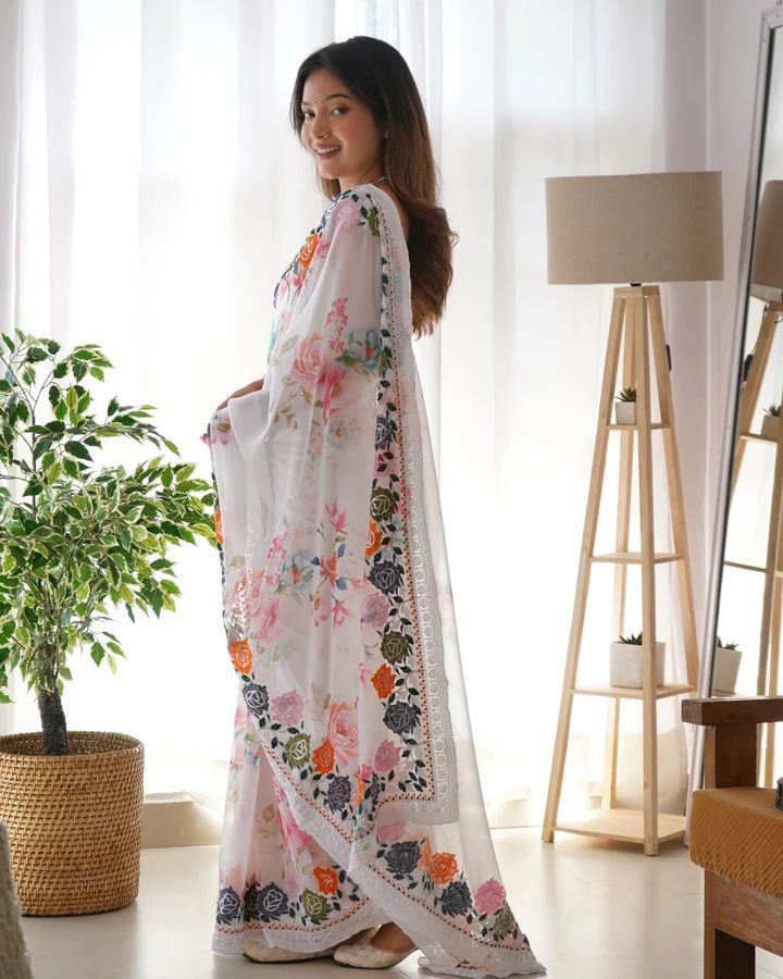 Printed Georgette Saree Floral Having Embroidery