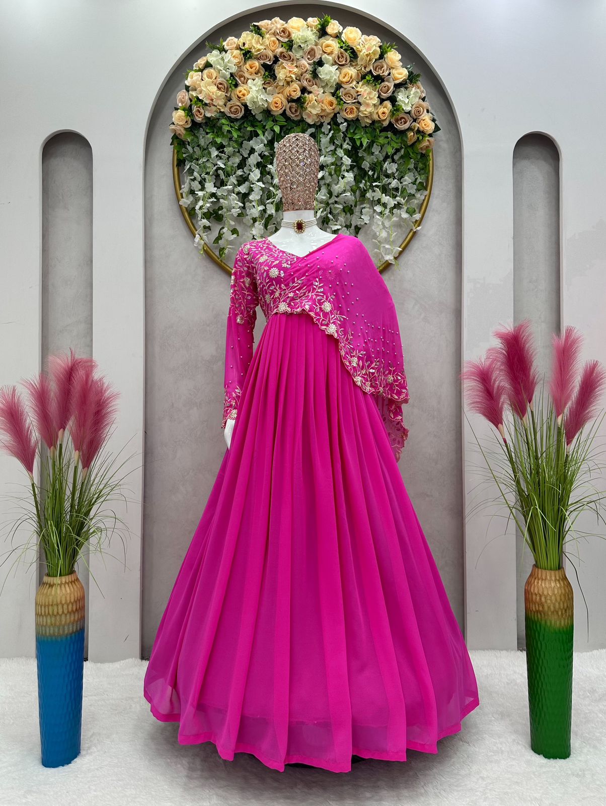 Pink georgette embroidery indian party gown with dupatta - maxi gown , Pink georgette embroidery indian party gown with dupatta - maxi gown ,