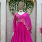 Pink georgette embroidery indian party gown with dupatta - maxi gown , party wear dress - black and multi colour pary gown