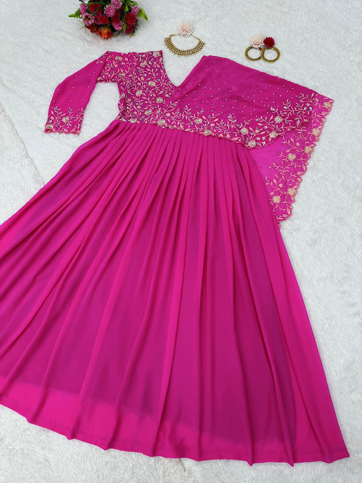 Pink georgette embroidery indian party gown with dupatta - maxi gown , party wear dress - black and multi colour pary gown