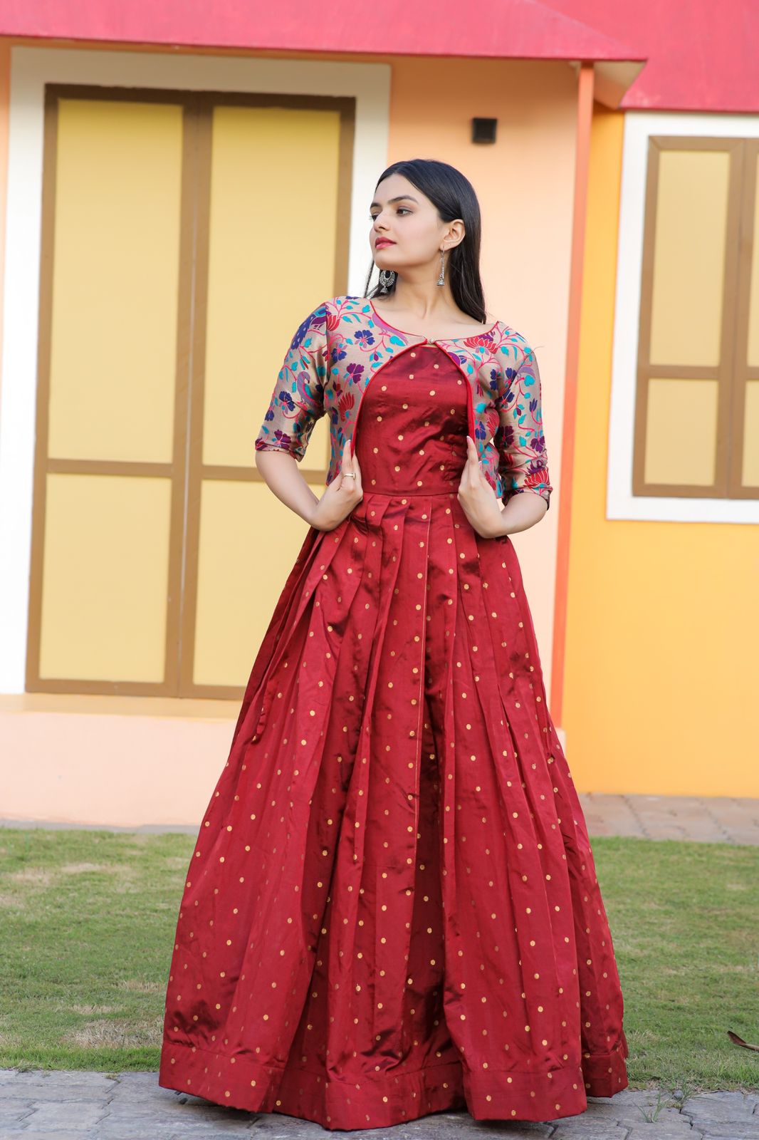 Maroon Digital Print Art Silk Salwar Stitched