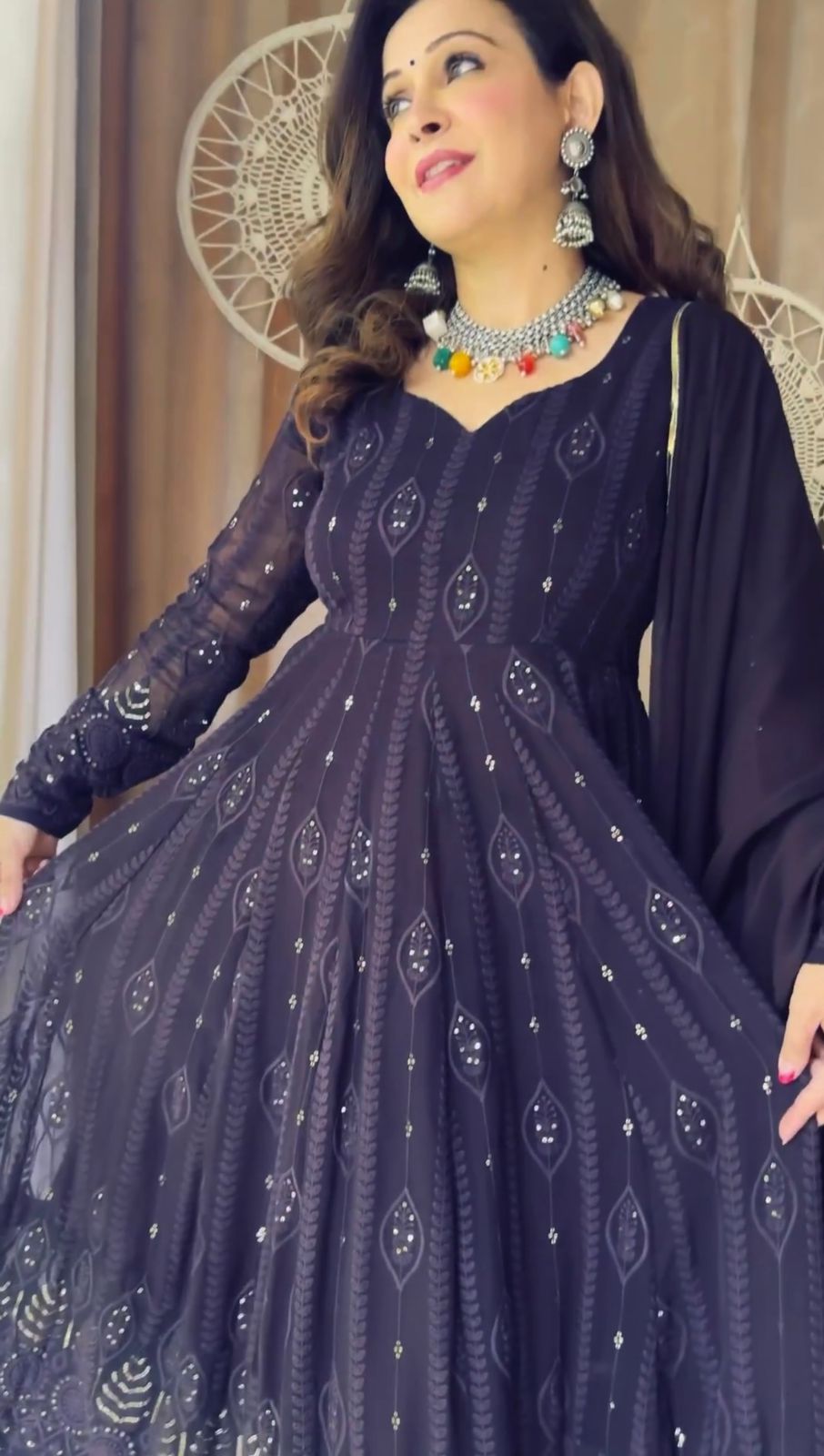 Navy Blue Faux Georgette Suit With Resham Work