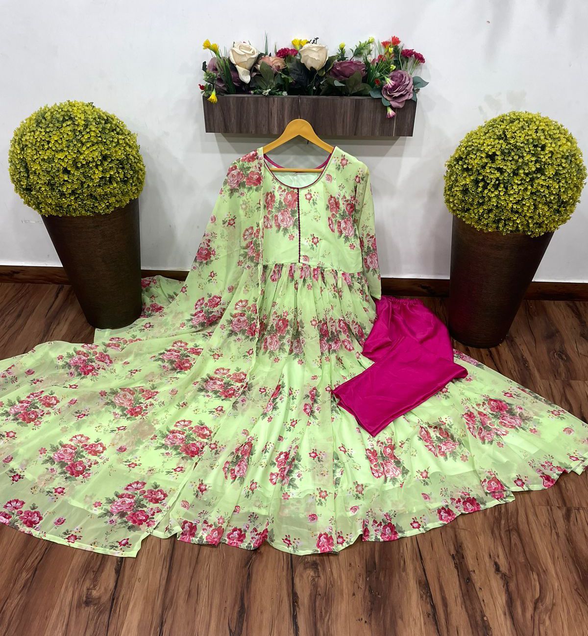 Beautiful Pista Georgette Silk Digital Print Anarkali Suit With Dupatta