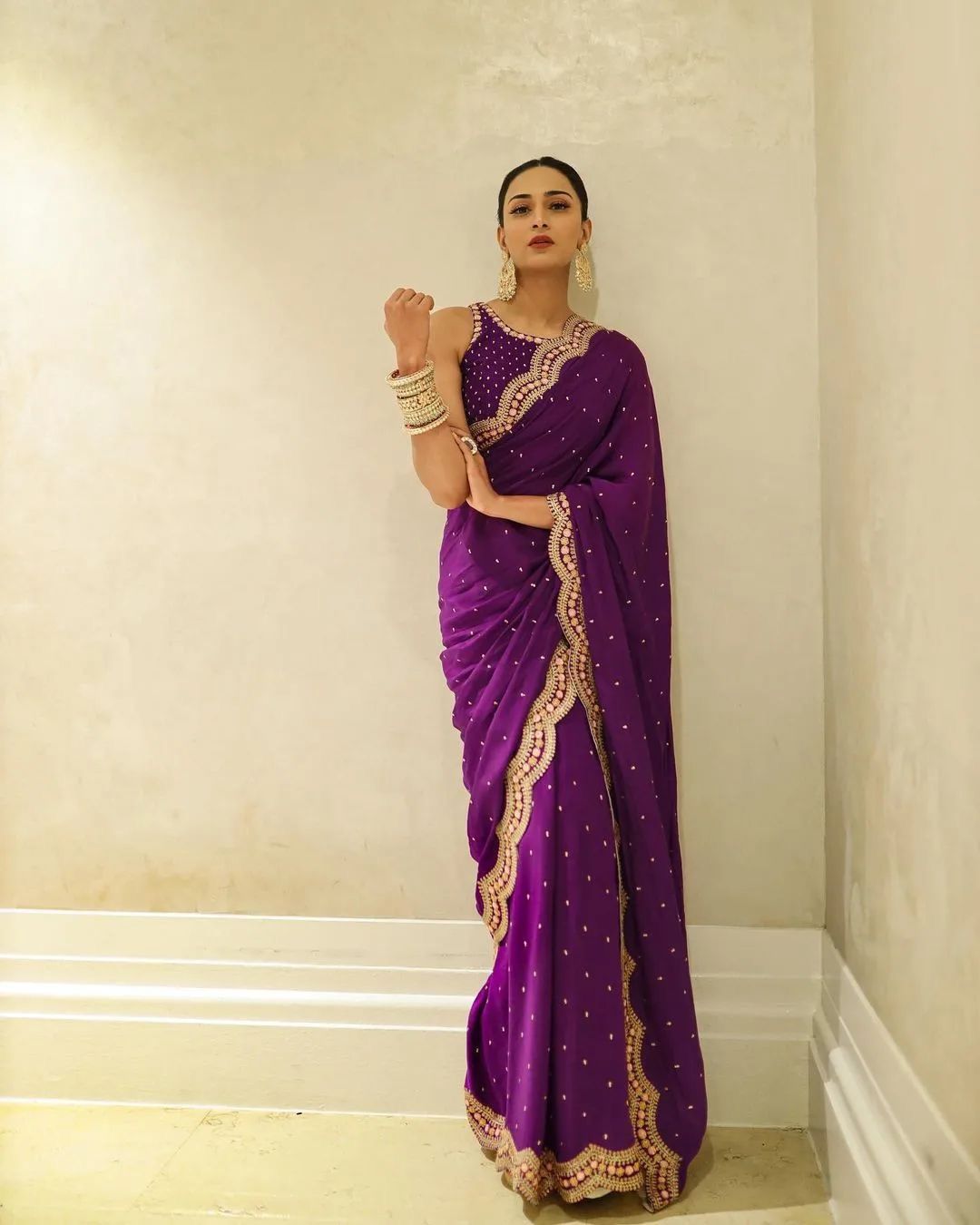 Hand Embroidered Chiffon Saree in Purple