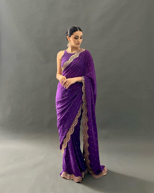 Hand Embroidered Chiffon Saree in Purple