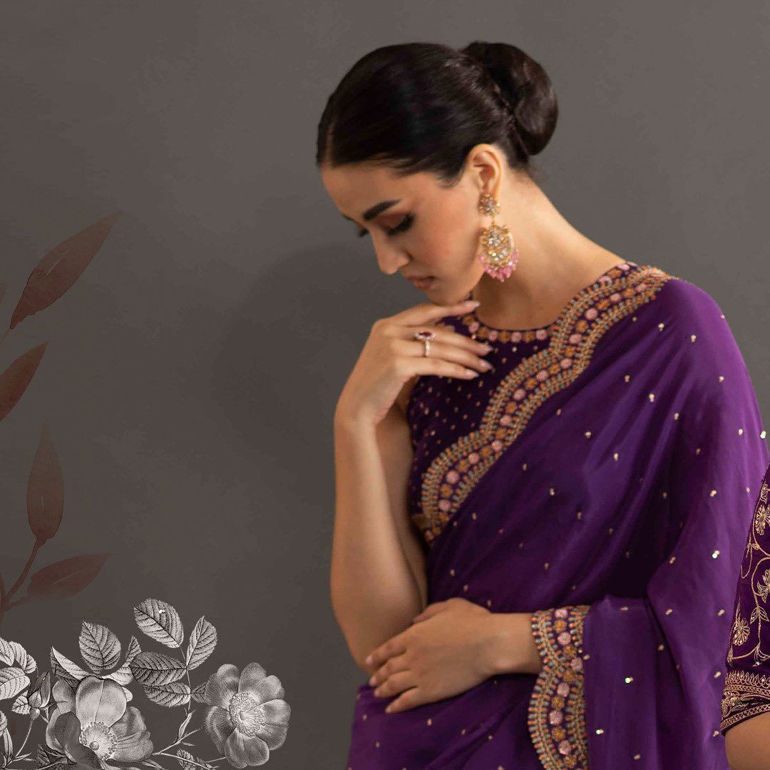 Hand Embroidered Chiffon Saree in Purple