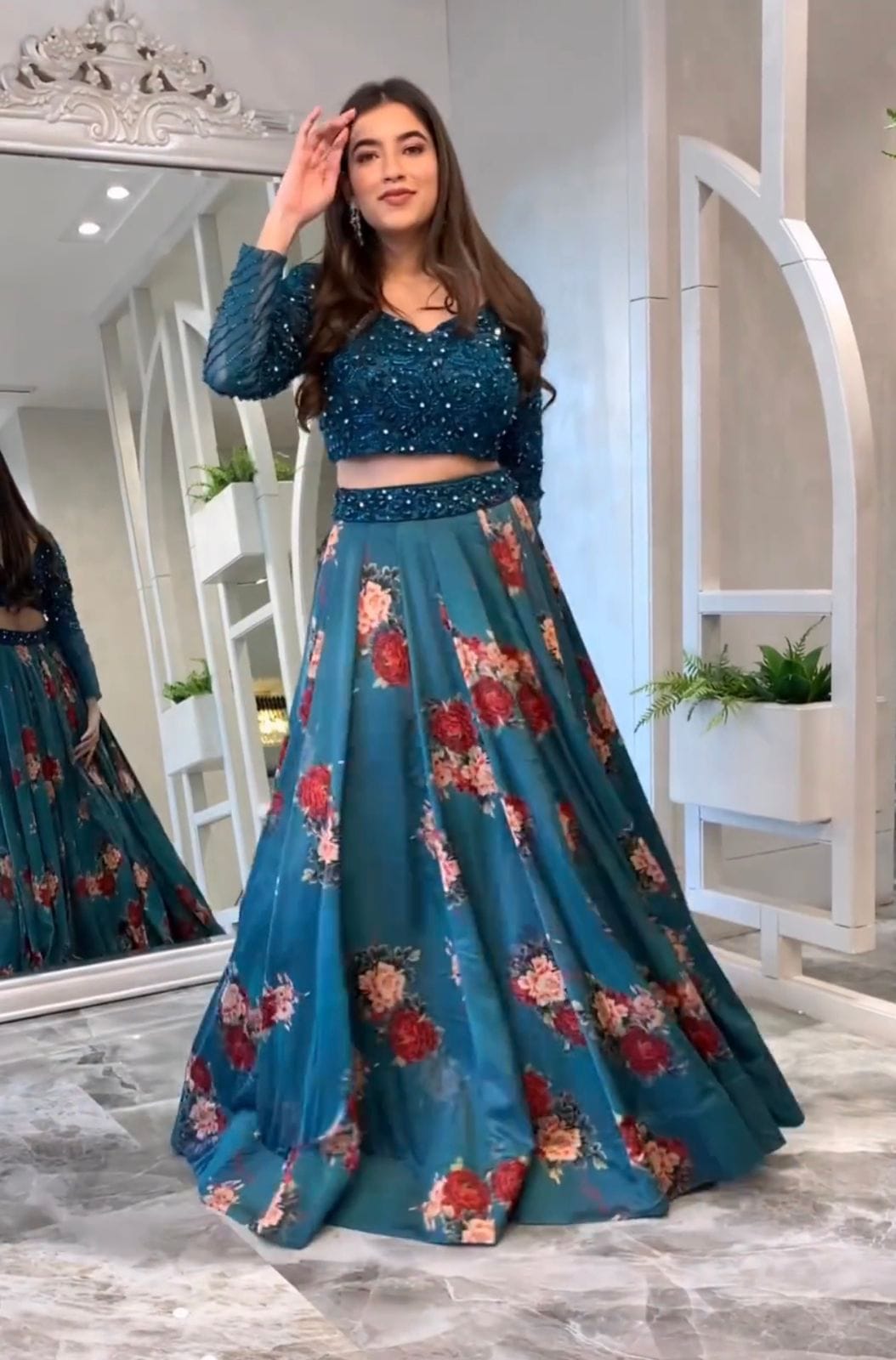 Beautiful Teal Green Tissue Digital Printed Lehenga Choli