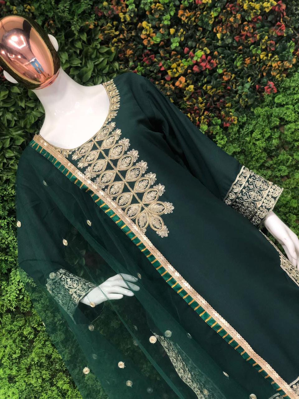 Wedding Wear Bottle Green Embroidery Work Sharara Suit