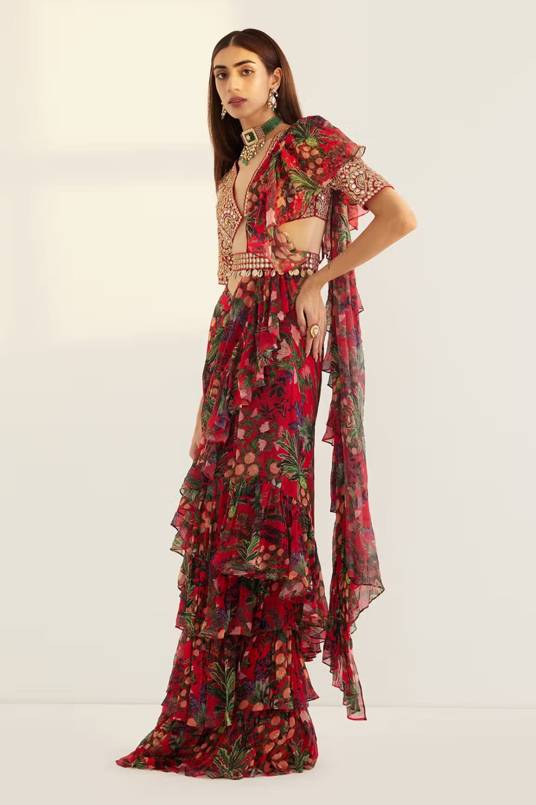 Red  Georgette Ruffle Saree