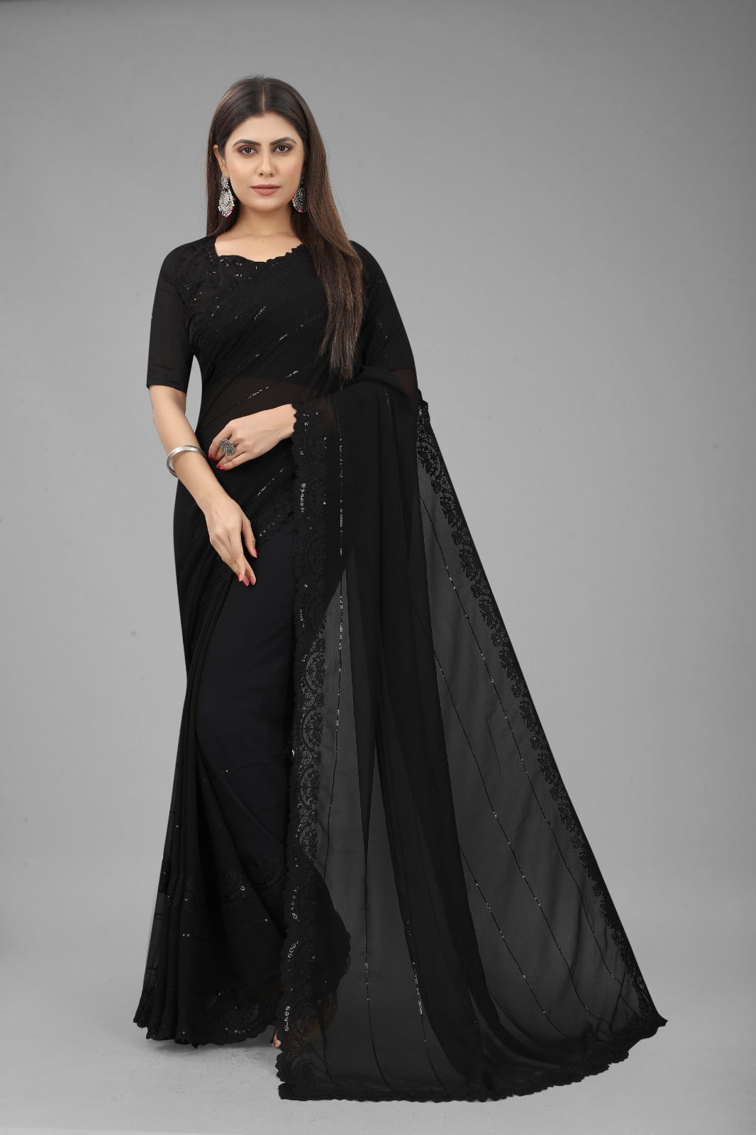 Black Chiffon Plain Saree With Moti Saree