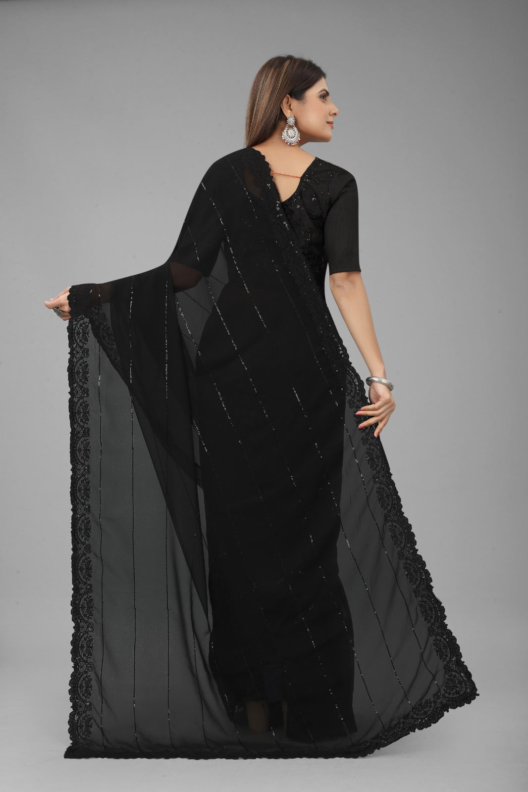 Buy Aaru Fashion Solid/Plain Daily Wear Georgette, Art Silk Black Sarees  Online @ Best Price In India | Flipkart.com