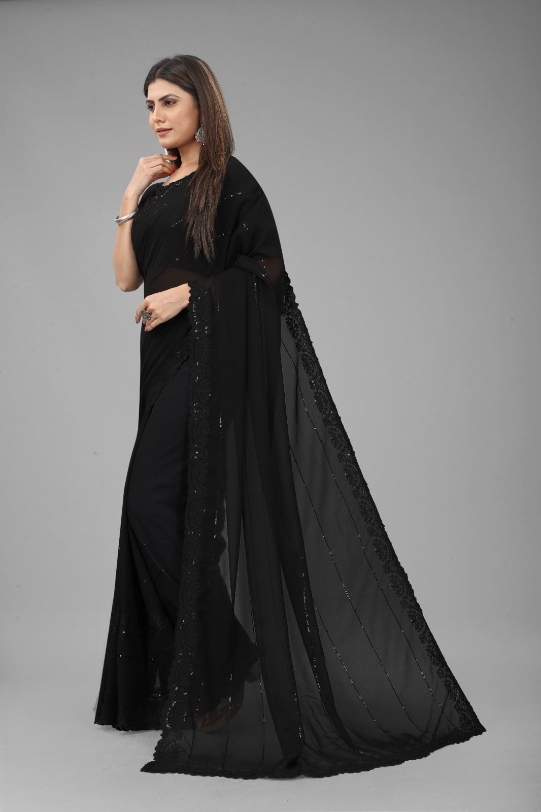 Black Chiffon Plain Saree With Moti Saree