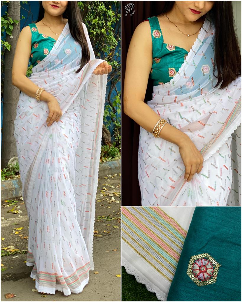 Daily Wear Peach Printed Work Georgette Saree